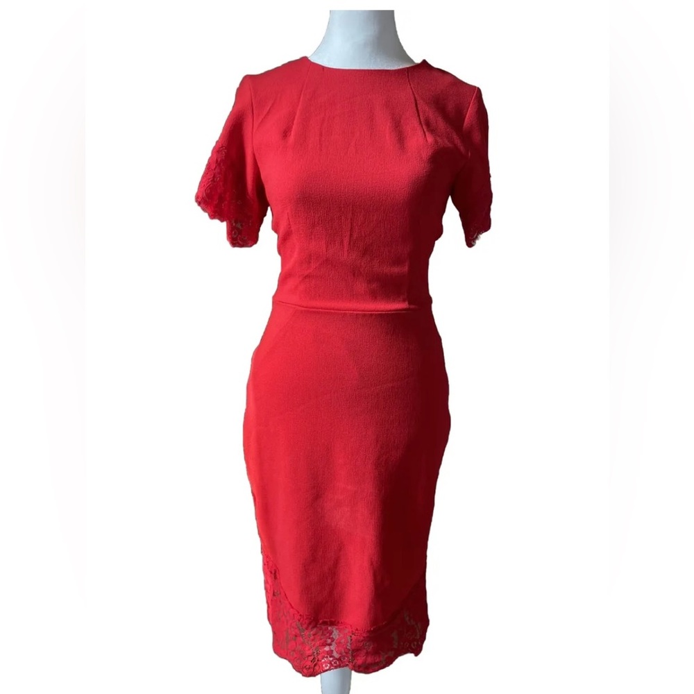 HM Size 4 Red Classic Pencil Dress With Lace Fringe